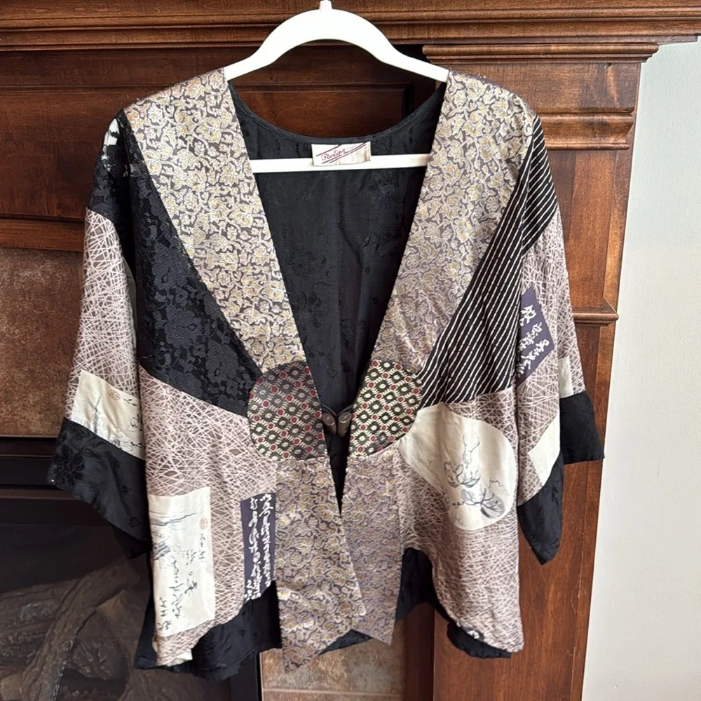Vintage Sterling Styles silk patchwork mixed media artsy art to wear top L/XL